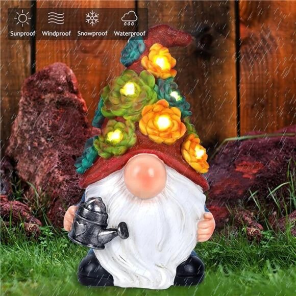 Garden Gnome Statue Outdoor Decor, Resin Gnome Figurine with Watering Can - Picture 5 of 8